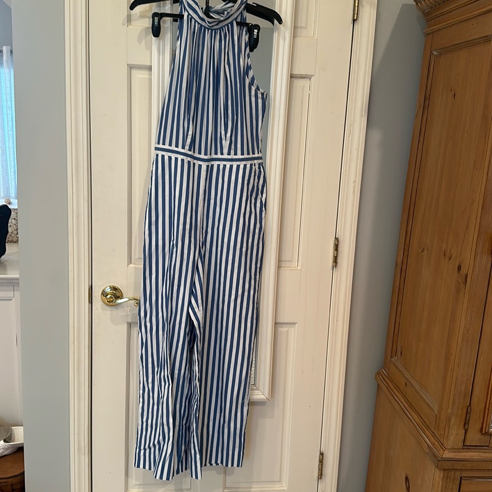 J. Crew size 4 blue and white striped jumpsuit with pockets